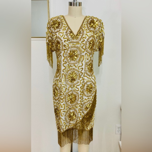 EUC Vintage Mark & John by Sam Pure Silk Cocktail Dress w/ Beaded Fringe - Picture 1 of 14